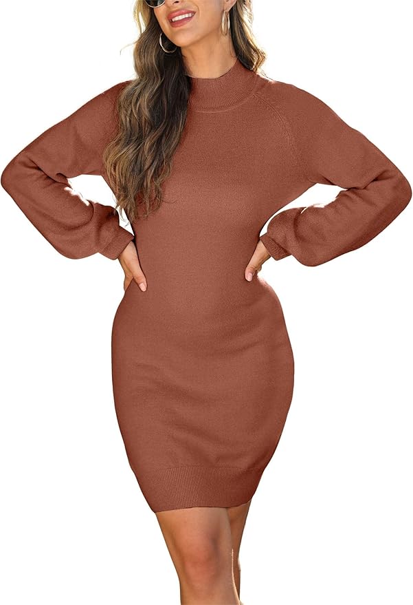 GRECERELLE 2026 Women's Mock Neck Ribbed Long Sleeve Bodycon Pullover Cute Mini Sweater Dress (XS-2XL)