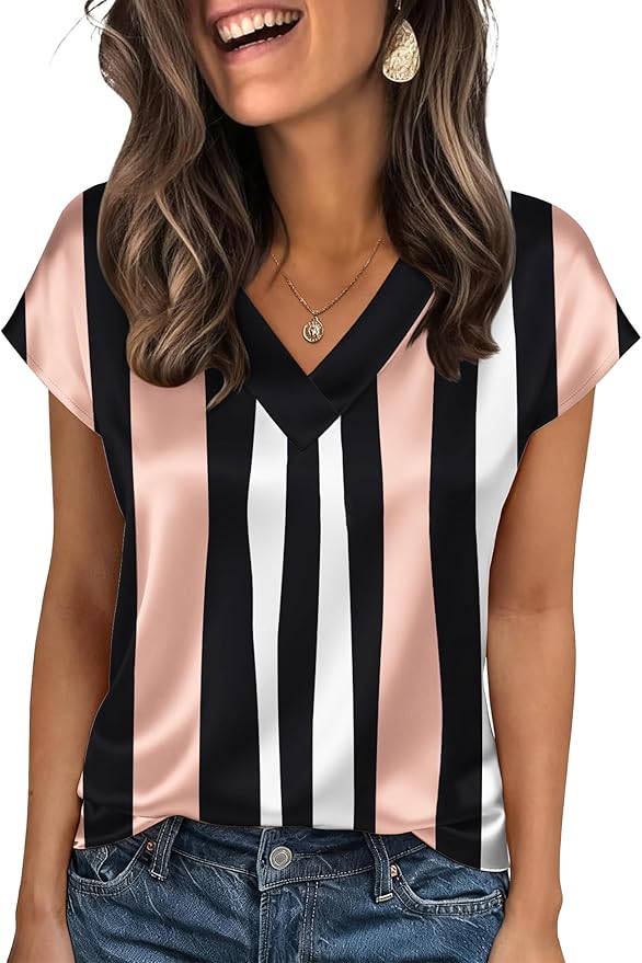 Zeagoo Women Silk Satin Tops Cap Short Sleeve Blouse V Neck Shirts Business Casual Outfits S-2XL