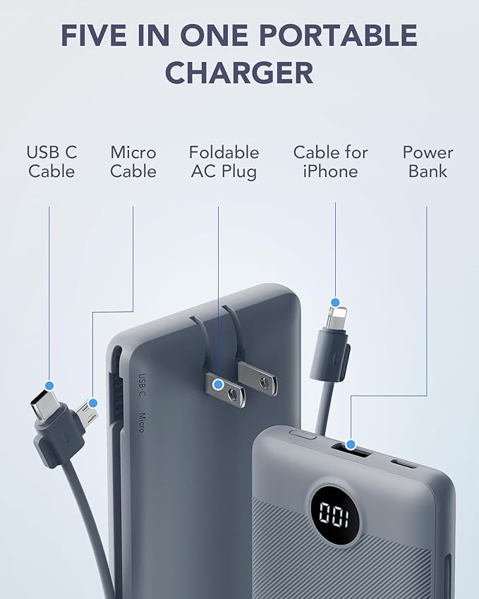 VRURC Portable Charger Built-in Cables and AC Wall Plug, USB C Power Bank 10000mAh, Travel Battery Portable Phone Charger Compact Lightweight External Battery Pack for Smart Phones, Tablets etc-Grey