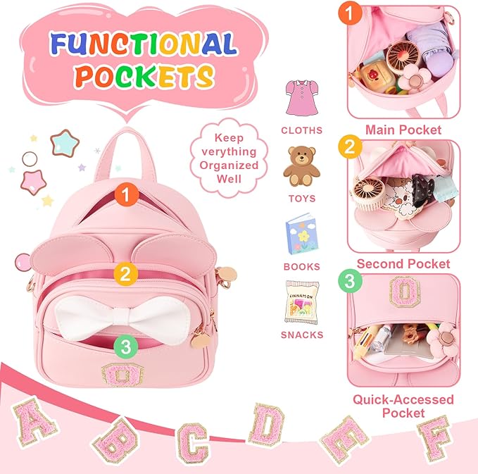 UIXIZQ Personalized Toddler Backpack for Girls 3–10, Cute Mini Bowknot Mouse-Ear Toddler Bookbag Crossbody Purse, Small Daypack Wallet Set, Initial Birthday Gift, Trendy Little Kids/Teen Bag(Pink,O)