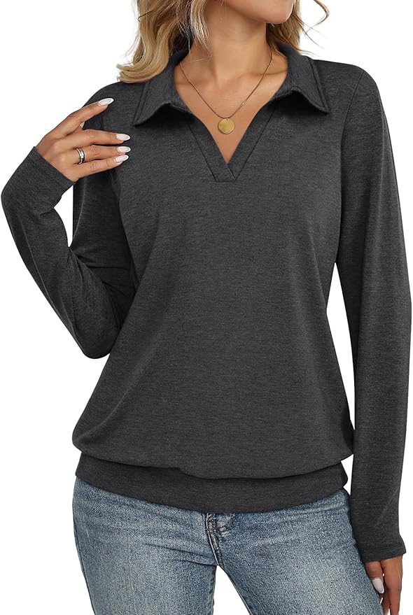 Womens Polo Shirts Long Sleeve Banded Bottom Tops Business Casual Tops Collared V Neck Blouses