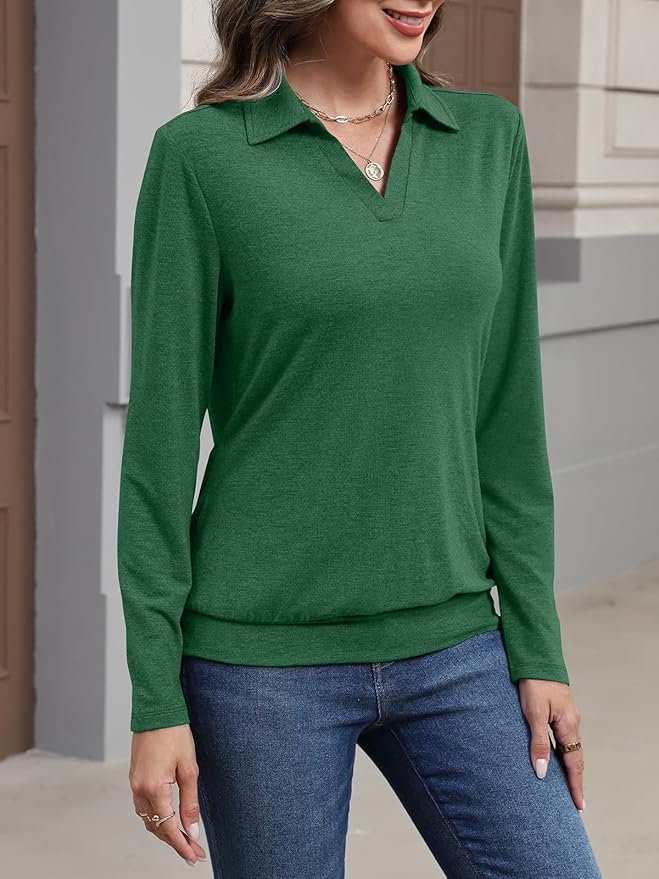 Womens Polo Shirts Long Sleeve Banded Bottom Tops Business Casual Tops Collared V Neck Blouses
