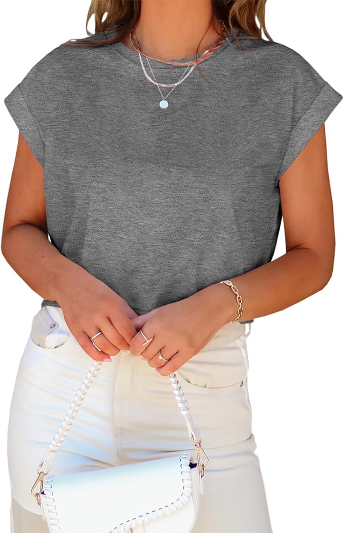 Tankaneo Womens Short Sleeve Cropped T-Shirts Summer Rolled Dolman Sleeve Crop Tops Casual Round Neck Solid Short Basic Tees