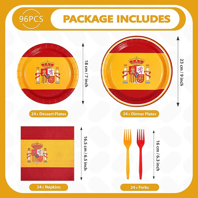 Greencian 96 Pcs Spain Flag Party Decorations Disposable Spanish Flag Paper Plates and Napkins Spanish National Day Tableware Set for Country Decoration Patriotic Festival Party Supplies, Serves 24