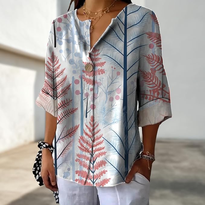 Long Sleeve Shirts for Women V Neck Button Boho Graphic Blouses Casual Collared Fashion Summer Flowing Tops