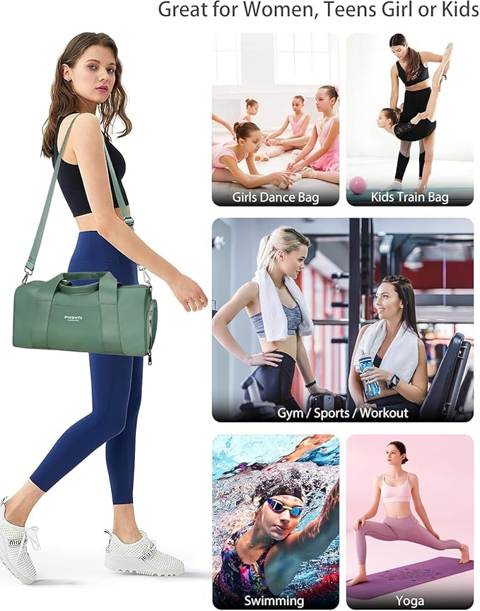 Sports Small Gym Bag for Women, Cute Mini Duffle Bag with Wet Pocket & Shoes Compartment, Personal Item Travel Workout Bag, 16"-Small, Green