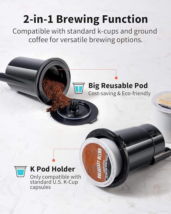 KIDISLE Hot & Iced Single Serve Coffee Maker for K Cup & Grounds, 6–16oz Brew Sizes, 40oz Water Tank, Reusable Pod Filter, Easy-to-Use, Black