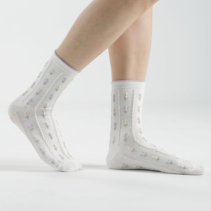 Kikiya Women's Cotton Crew Socks - Cute Flower Graphic Polka Dot Striped Heart Patterned - Ladies Girls Casual Socks Size 6-8