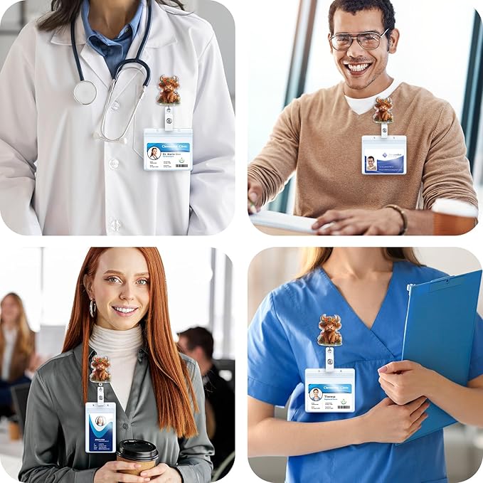 Funny Badge Reel, Cute Highland Cow Retractable ID Card Badge Holder, Name Tag Pediatric Badge Clip for NICU RN LPN CNA MA ER Night Shift Nurse Nursing Student OB/GYN ICU Doctor Teacher, Nurse Gifts