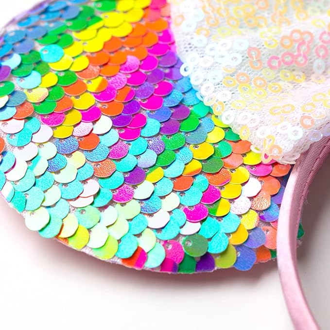 Foeran Mouse Ears Headbands Shiny Bows Mouse Ears Glitter Party Princess Decoration Cosplay Costume for Girls Women (Sequin rainbow-1)