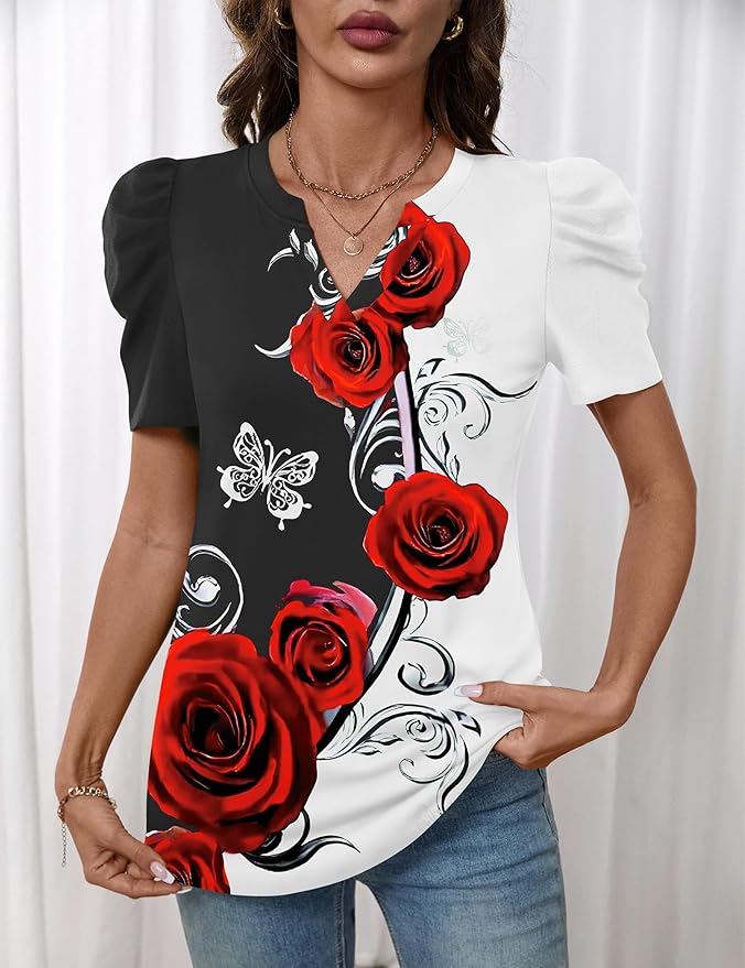 Lomon Spring Summer Tops for Women 2026 V Neck Puff Short Sleeve Tops Fashion Trendy Work Blouses Dressy Casual S-XXL
