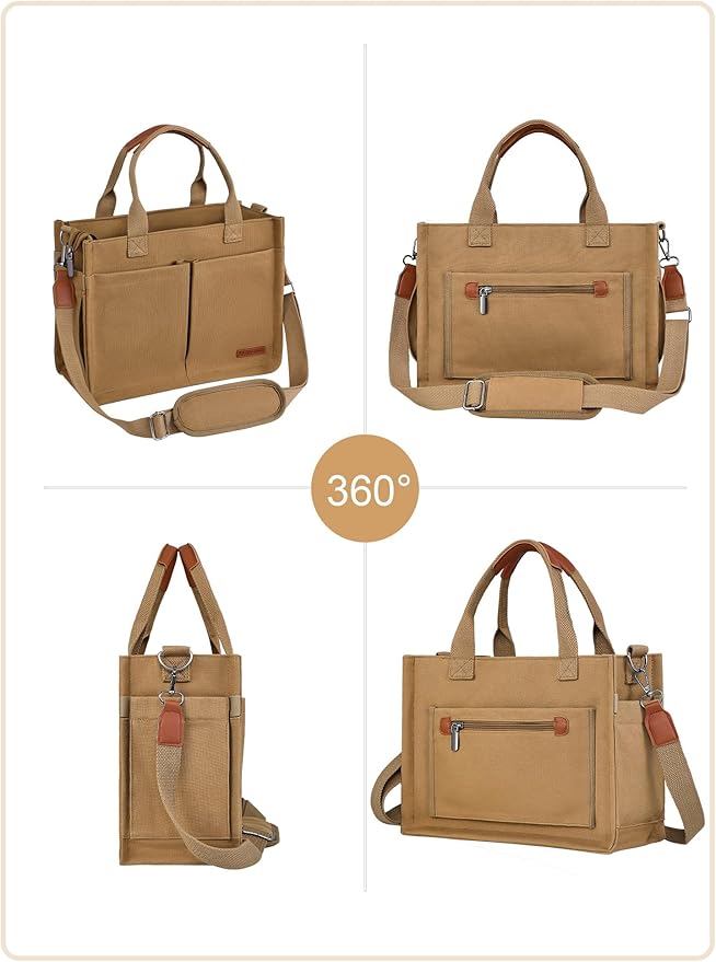BESBESME Canvas Tote Bag for Women with Zipper & Compartments– Large Work & College Laptop Tote Crossbody Shoulder Bag
