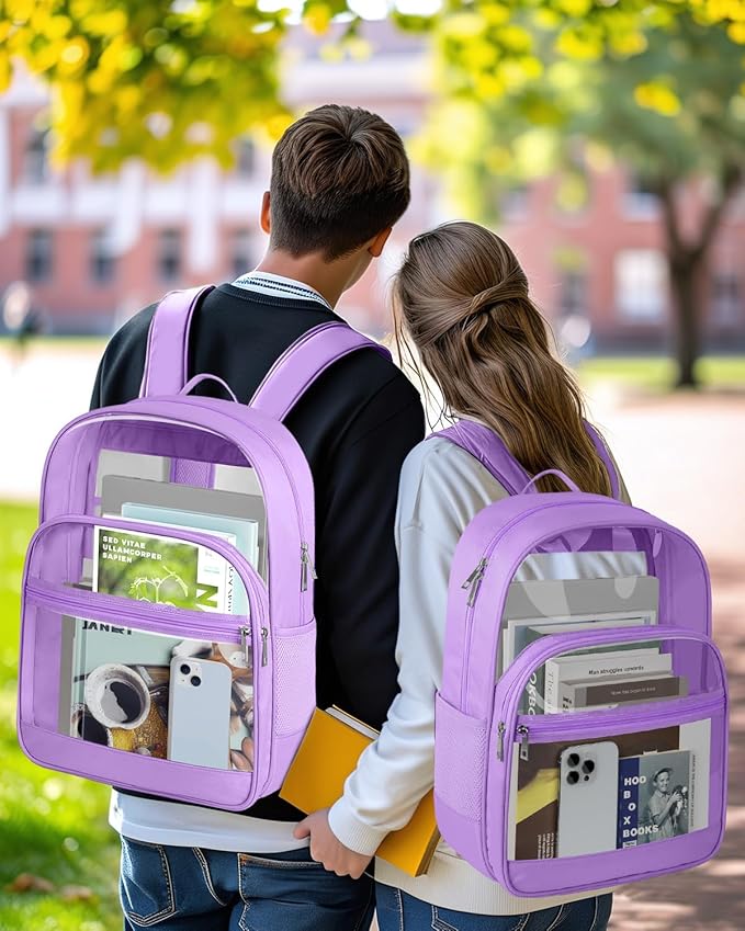 KIMNERPU Clear Backpack, Heavy Duty Transparent Bookbag for School, Fabric & PVC Transparent Backpack with Reinforced Strap for Women Men, Capacity Clear Bag for College, Travel, Purple