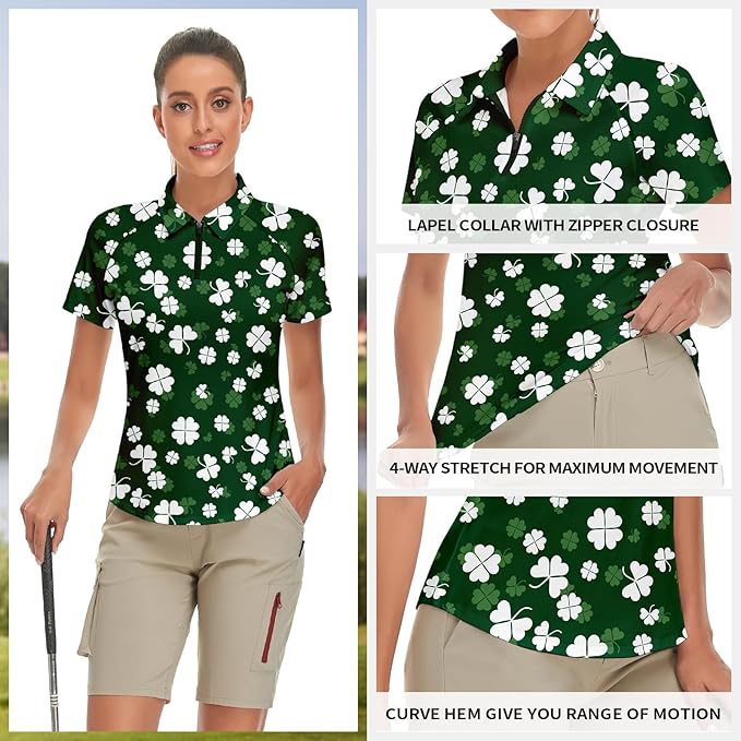 Women's Golf Shirt Short Sleeve Tennis Shirt Quarter Zip Golf Pullover Golf Polo Shirts Argyle Tops