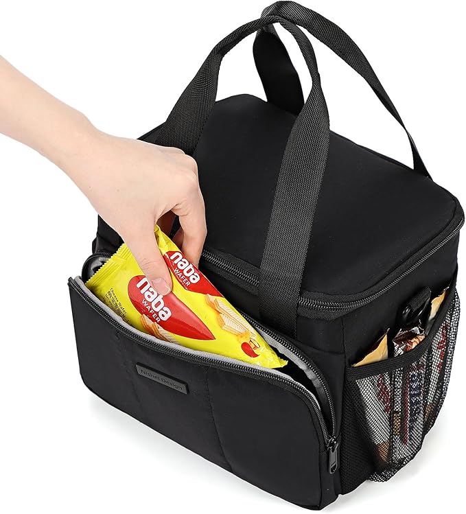 NISHEL Lunch Bag for Women, Insulated Leakproof Cooler Case with Detachable Shoulder Strap & Multiple Pocket, Easy-Clean PEVA Lining, Puffy Design for Work,Black
