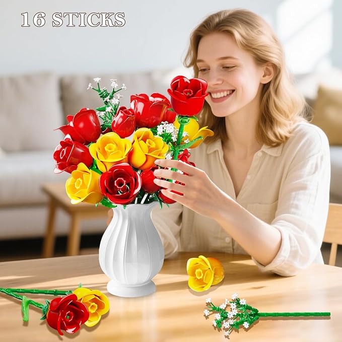HOGOKIDS Flowers Bouquet Building Set with Lights - 16 Roses Bouquet Botanical Building Blocks Artificial Red Roses Flower for Home Decor Birthday Valentines Gifts for Adults Girl - 387PCS (Yellow)