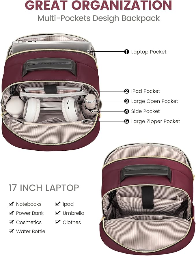 LOVEVOOK Laptop Backpack for Women, Large Travel Computer Work Bag, Business Teacher Nurse College Backpack Purse, Hiking Outdoor Carry On Backpack with 17.3-inch Laptop Compartment, Wine Red