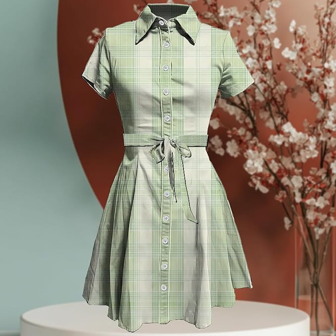 MARSVOVO Cute T Shirt Dress for Women Short Sleeve Button Up Tie Waist Elegant Casual Collared Smocked Midi Dress