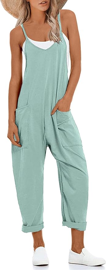 Lentta Women's Causal Jumpsuits V Neck Sleeveless Harem Overalls Stretchy Adjustable Strap Romper with Pockets