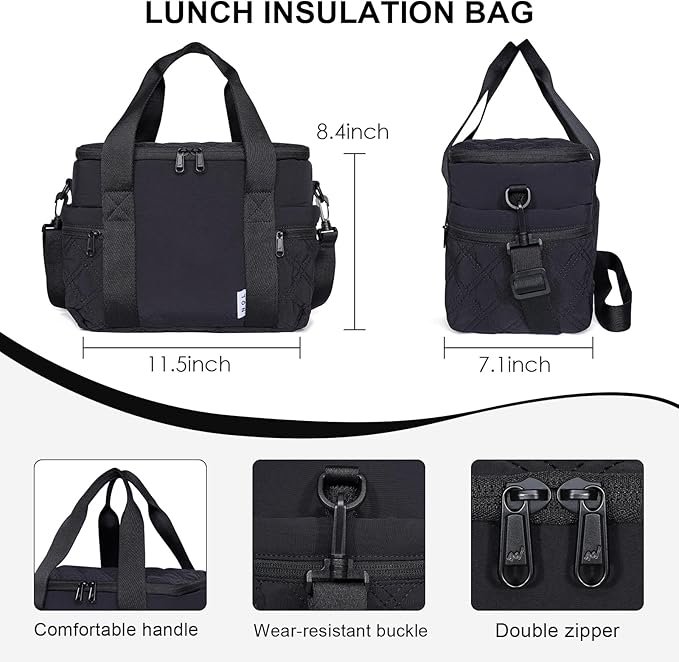 NOL Natural Organic Lifestyle Women's Nylon Lunch Cooler Cute Quilted Lunch Bag Large Leakproof Insulated Lunch Tote Bag for Work Picnic Travel,Black
