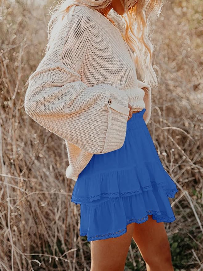 Aoudery Flowy Shorts for Women Casual Boho Ruffle Tiered Skorts High Waist Mini Skirts Golf Tennis Crochet Shorts