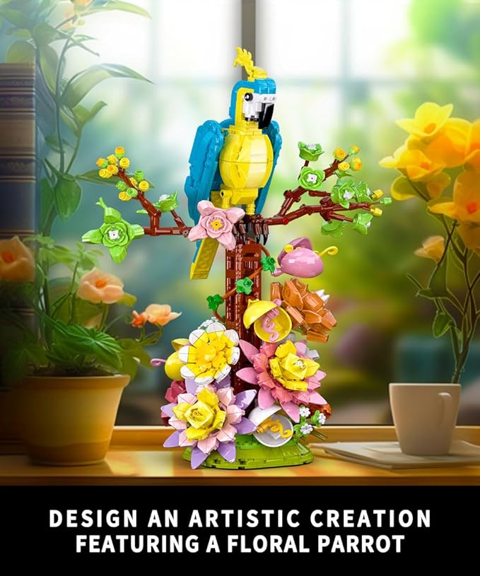 MOC Flowers and Parrot Building Set- Compatible with Lego Flower, Succulent Botanica andl Cute Bird Collection Set, A Beautiful for her or him (1162pcs)