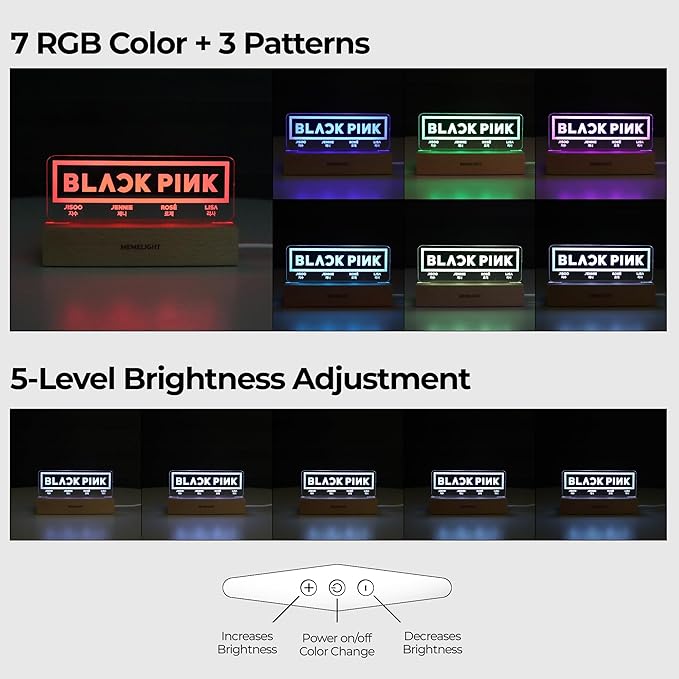 MEMELIGHT Black.Pink Night Light, Kpop Merchandise, Korean Idol Lamp for Blink, 7RGB Color, Dimmer, 8.3 x 4.2 x 1.7