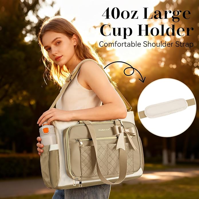 Teacher Tote Bag for Women,Multi-Pocket Laptop & Nurse Work Bag with Cup Holder,Structured Business Briefcase Computer Purse