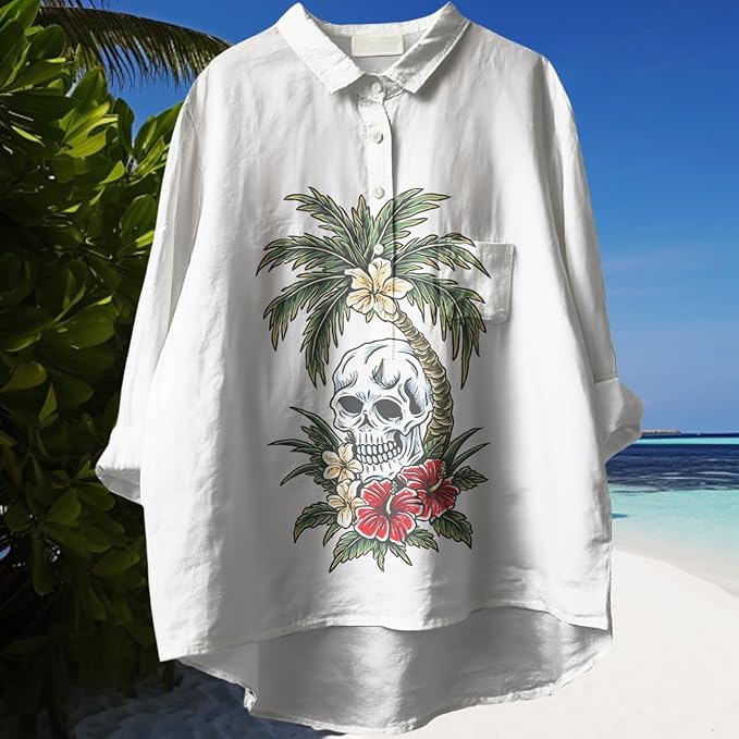 Womens Boho Tops 3/4 Long Sleeve Floral Blouses Hawaii Beach Button Down Shirts V Neck Pullover Casual Tunics