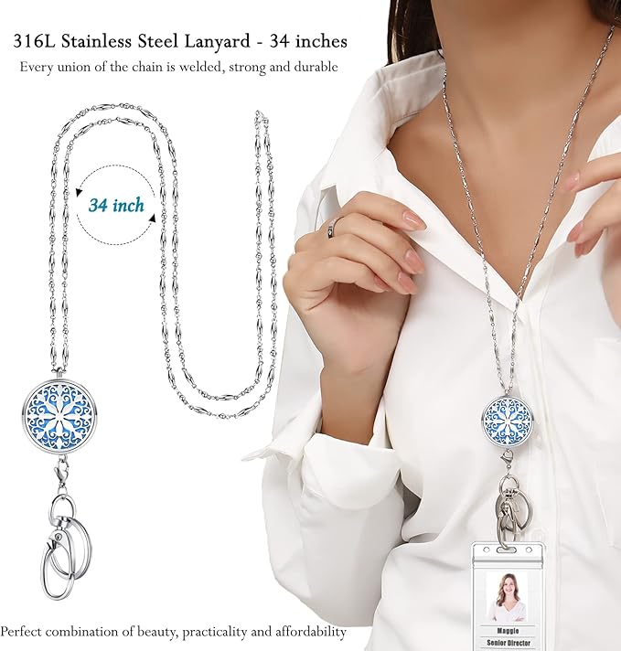 Lanyards for ID Badges Keys Women Cute Teacher Lanyard ID Holder Necklace Silver Chain Fashion Strong Keychain Diffuser Office School Work Jewelry Nurse Teacher Appreciation Gifts Mandala