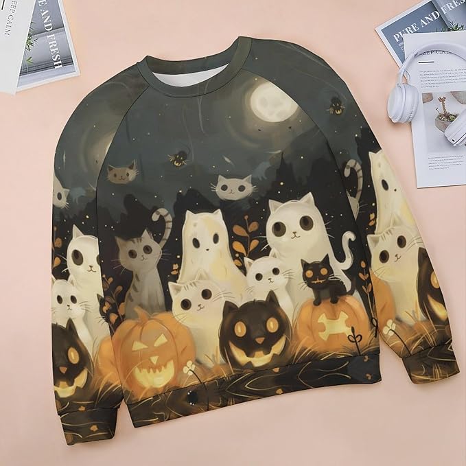 Spatofa Womens novelty funny cat printed crewneck sweatshirt casual loose long sleeve graphic pullover sweatshirts tops