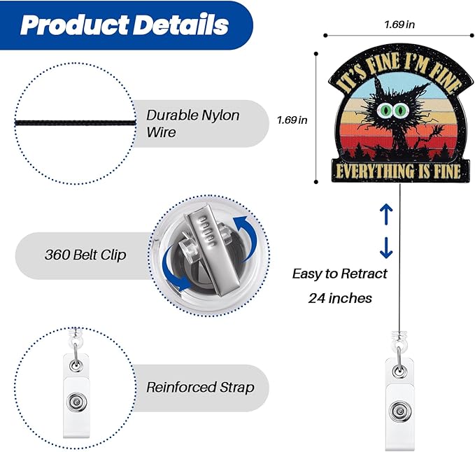 It's Fine I'm Fine Everything is Fine Funny Badge Reel, ID Badge Holder with Retractable Clip, Cute Cat Badge Clip for RN CNA LPN LVN Hospital Medical Worker Doctor Teacher Nursing Student