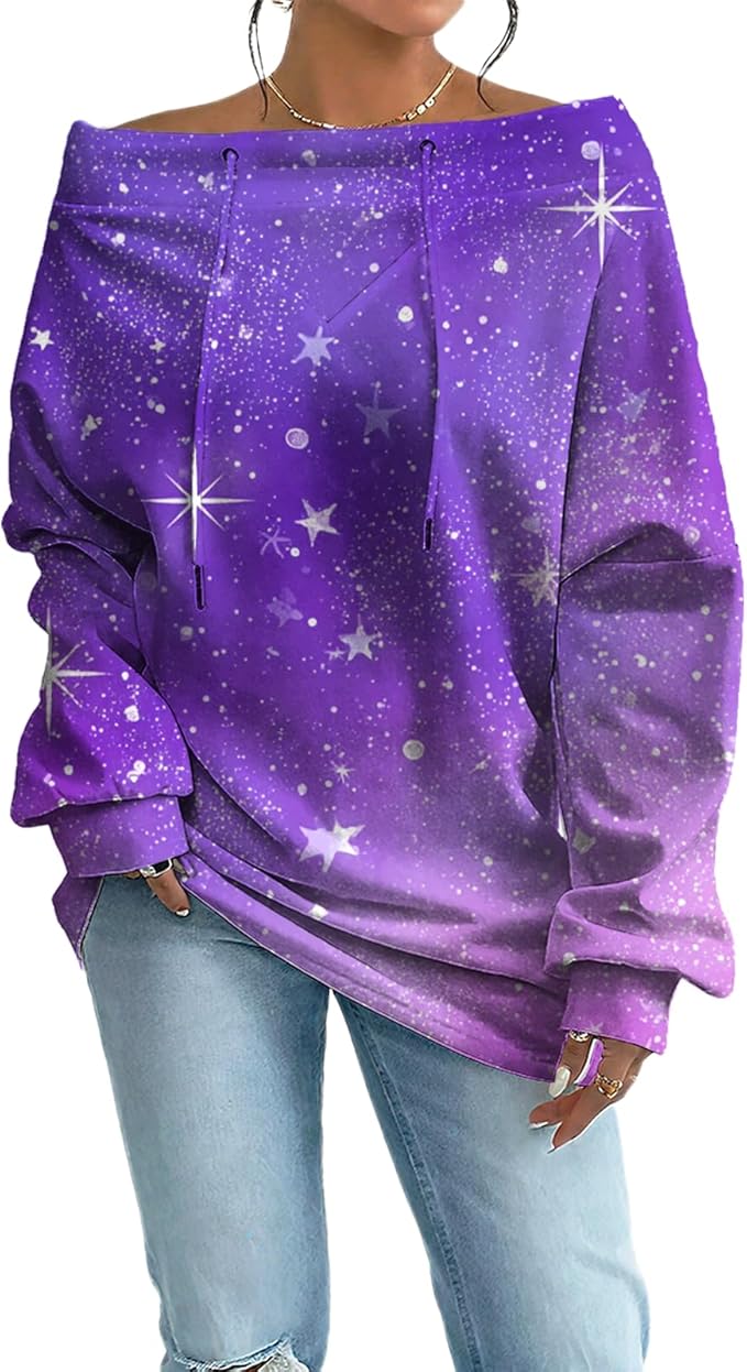 Womens Sweatshirts Floral Print Sexy Off The Shoulder T Shirts Oversized Long Sleeve Pullover Fall Tops