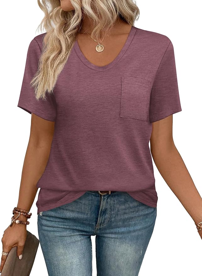 WIHOLL Women Summer T Shirts Short Sleeve Rounded V Neck Pocket Tee Tops