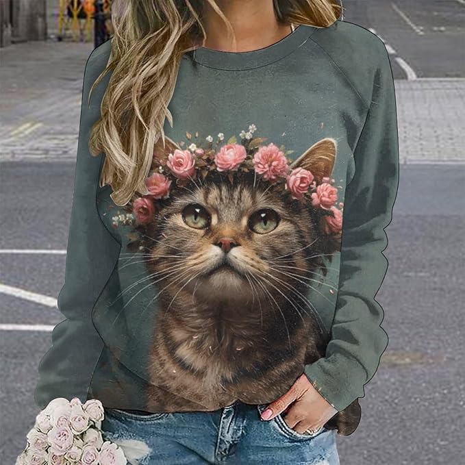Spatofa Womens novelty funny cat printed crewneck sweatshirt casual loose long sleeve graphic pullover sweatshirts tops