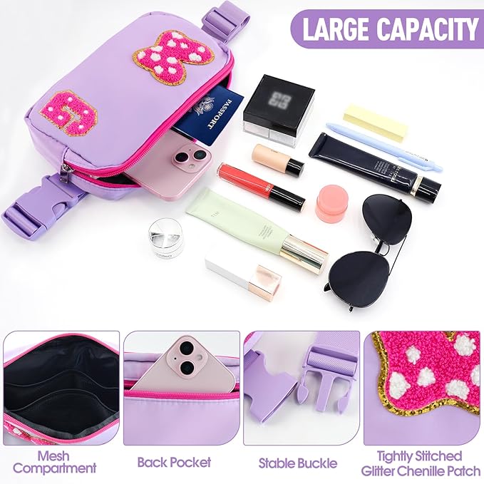 Chenille Initial Letter Bow Mouse Fanny Pack, Waterproof Park Crossbody Bag Christmas Birthday Gifts for Teen Girls Daughter Women Kids Adults, Cute Belt Bag Must Haves for Park Travel (G, Purple)