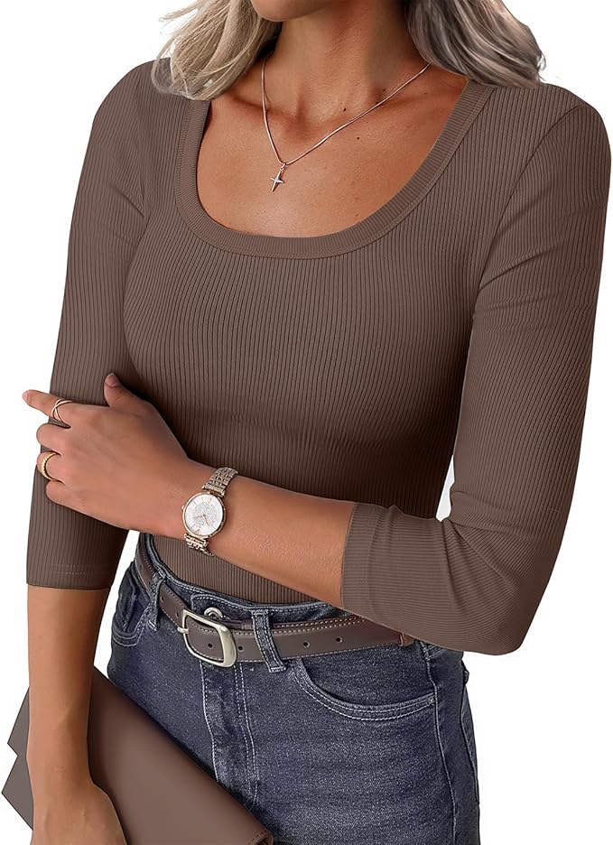 Womens 3/4 Sleeve Scoop Neck Top Ribbed Knit Slim Fitted Casual Basic Tee Shirts 2025 Fall Trendy Work T-Shirt Outfits