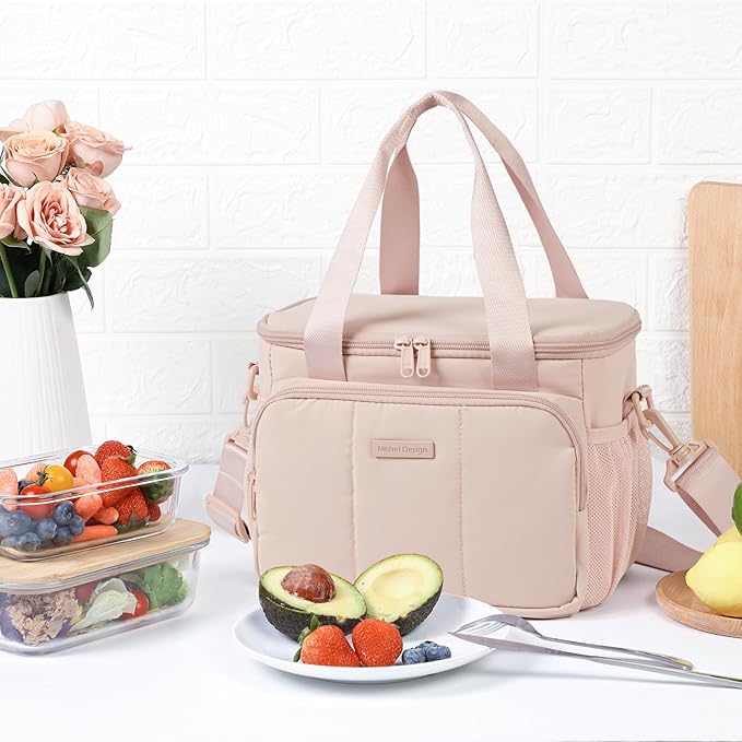 NISHEL Lunch Bag for Women, Insulated Leakproof Cooler Case with Detachable Shoulder Strap & Multiple Pocket, Easy-Clean PEVA Lining, Puffy Design for Work，Pink