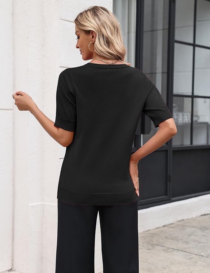 Zeagoo Women's Short Sleeve Sweater 2026 Spring Summer Tops Lightweight Casual V Neck Sweaters Dressy Work Blouses Clothes