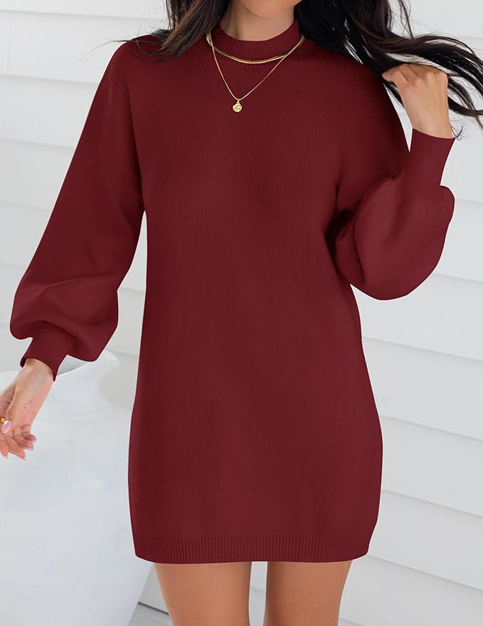 ZESICA Women's 2026 Fall Turtleneck Sweater Dress Oversized Long Lantern Sleeve Casual Knit Pullover Mini Dresses