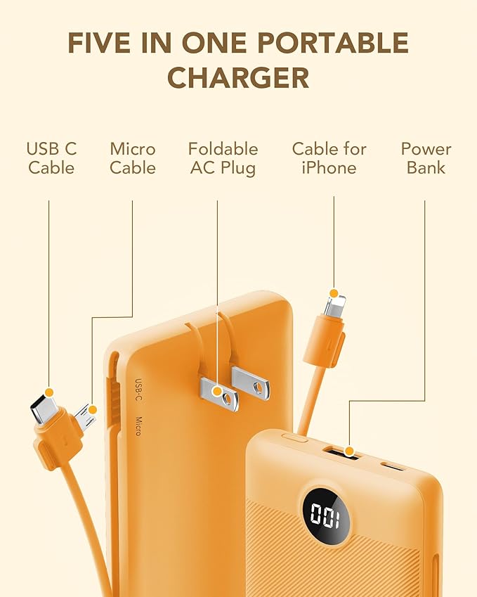 VRURC Portable Charger Built-in Cables and AC Wall Plug, USB C Power Bank 10000mAh, Travel Battery Phone Charger Compact Lightweight External Battery Pack for Smart Phones, Tablets etc-Orange