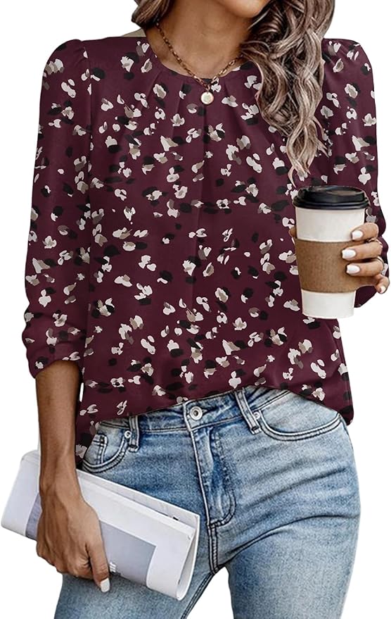 Samefar Womens Tops Dressy Casual Pleated Crew Neck Long Sleeve Shirts Office Work Chiffon Blouses