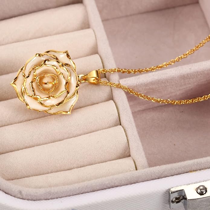 AliveRose Real Rose Gold Dipped Necklace Gifts for Women, 24K Gold Dipped Rose Pendant Necklace Jewelry Mothers Day Anniversaries Birthday Christmas Special Occasions Gifts for Her Mom Wife