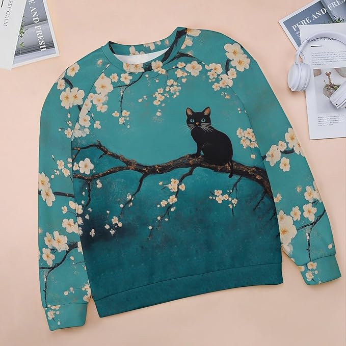 Spatofa Womens novelty funny cat printed crewneck sweatshirt casual loose long sleeve graphic pullover sweatshirts tops