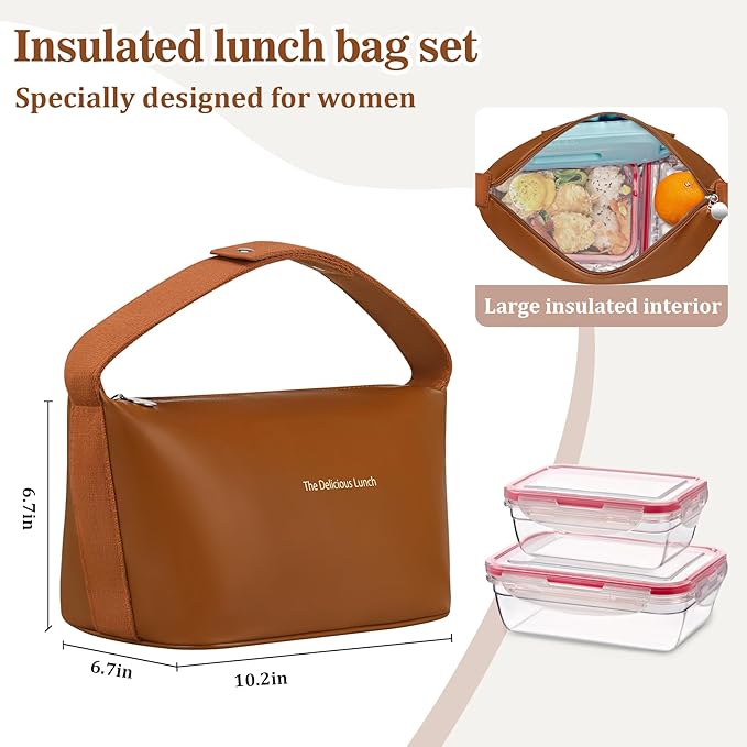 Lunch Bag Set For Women Insulated Leather Woman Lunch Bag With 2 Lunch Box Containers Spoon and Ice Pack Leakproof Reusable High Capacity Lunch Tote Bags for Work, Travel, Outdoor