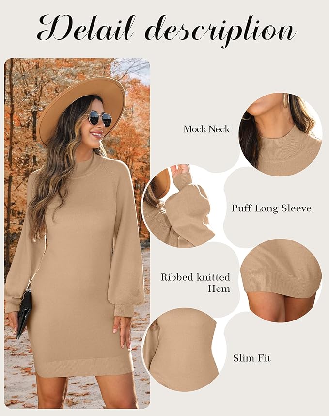 GRECERELLE 2026 Women's Mock Neck Ribbed Long Sleeve Bodycon Pullover Cute Mini Sweater Dress (XS-2XL)
