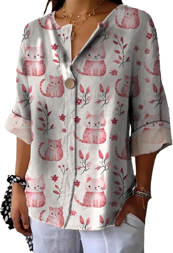 Long Sleeve Shirts for Women V Neck Button Boho Graphic Blouses Casual Collared Fashion Summer Flowing Tops