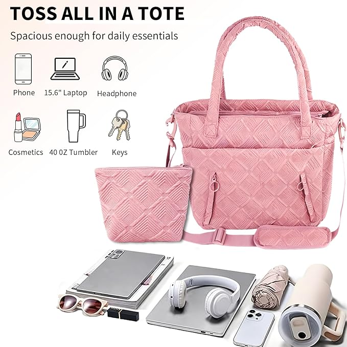 SUNRISING Tote Bag for Women, Puffy Tote Bag with Zipper, Large Quilted Shoulder Bag with Compartments for Travel Work Gym