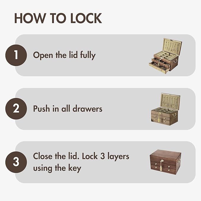 EURIELK Wooden Jewelry Box with Lock and Key for Women, 2 Drawers Medium Size Real Natural Wood Lockable Antique Organizer with Large Storage, Ring Compartments, Built in Necklace Hooks