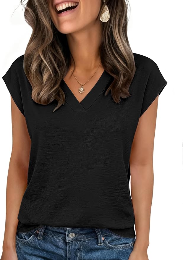 Zeagoo Womens Tops Cap Short Sleeve Textured Blouse V Neck Summer Spring Shirts Business Casual Outfits